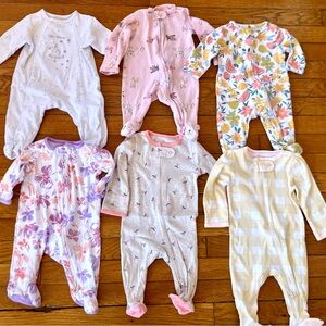 0-3 month baby girl bundle of 6 sleepers footies cotton